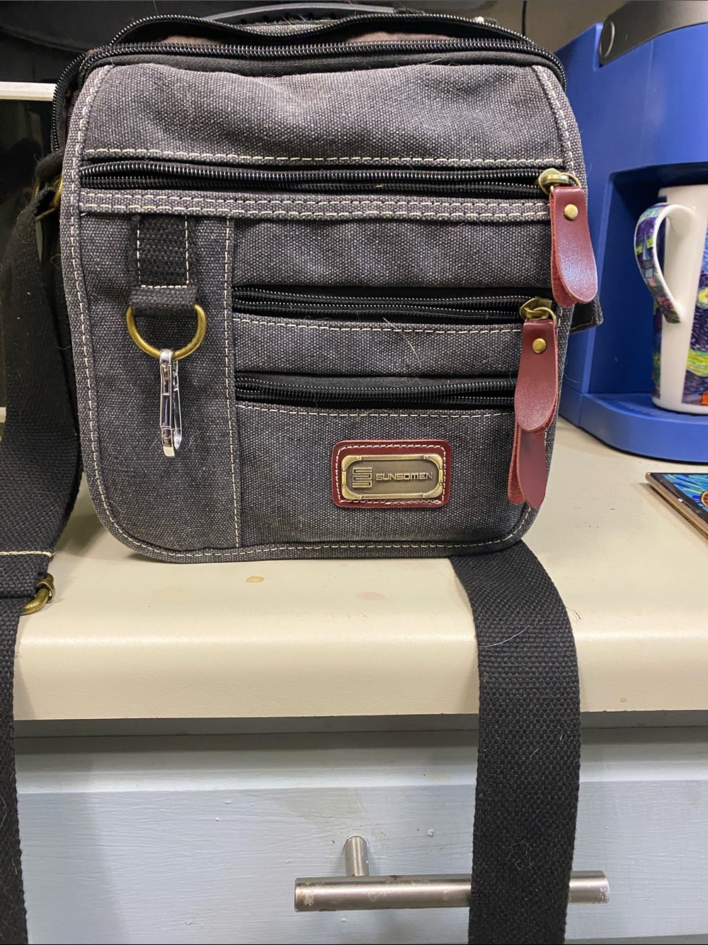 Gray Canvas Shoulder Bag with Brown Accents
